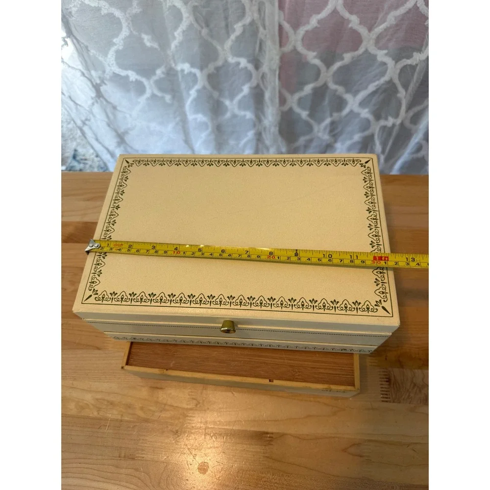 Vintage Cream Faux Leather Multi Tier Jewelry Box Blue Velvet Lilac Satin Lining